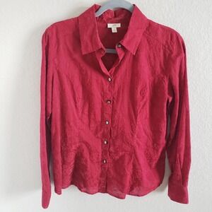 J.Jill Woman Size S Red Flocked Burnout Floral Print Blouse Button Up Collared